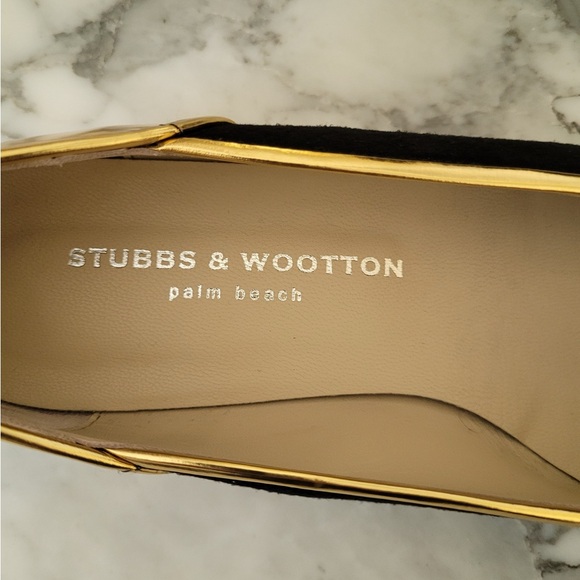 Stubbs & Wootton black velvet loafers w/ gold metallic trim - Picture 4 of 8